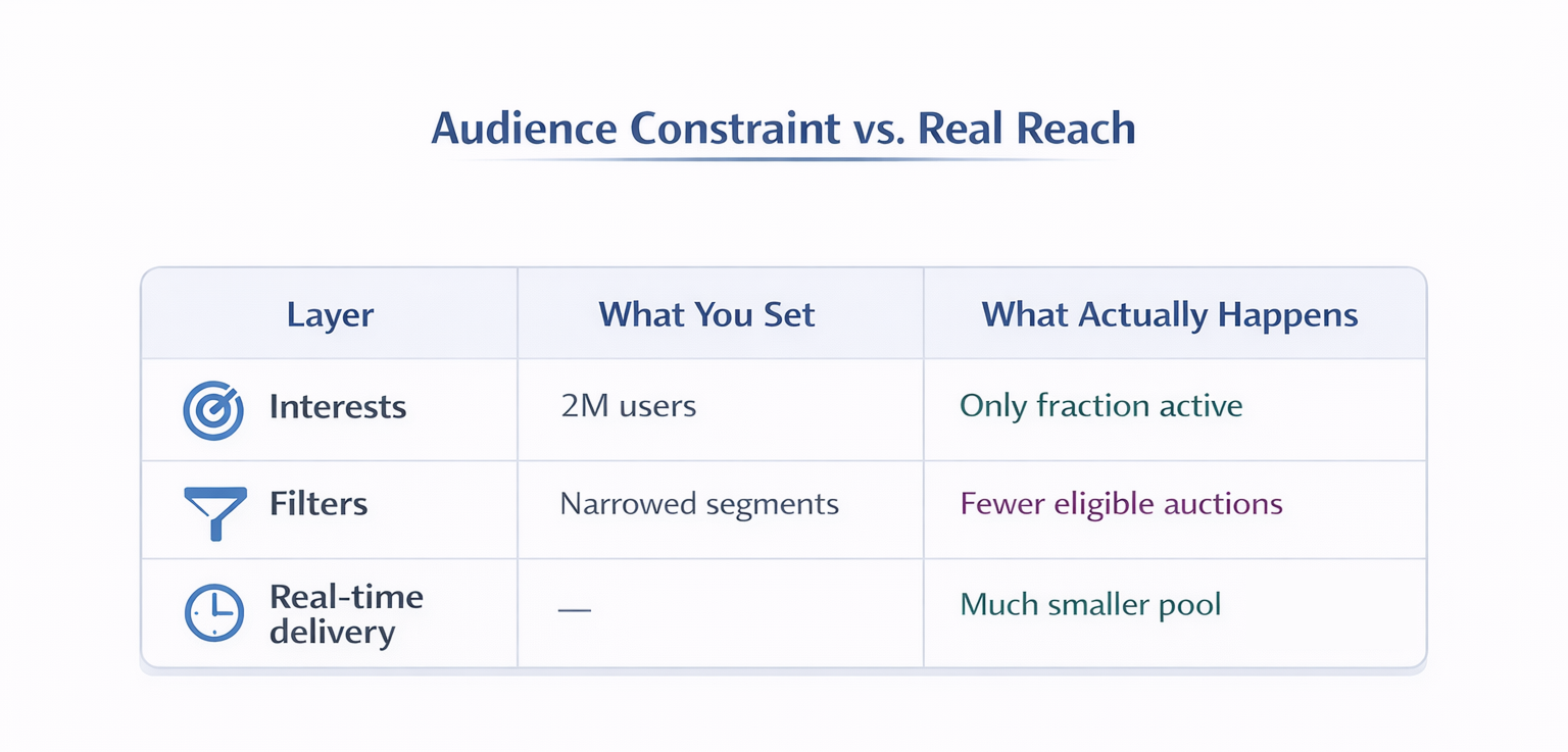 Table showing how Facebook ad targeting settings differ from actual reachable audience and auction availability