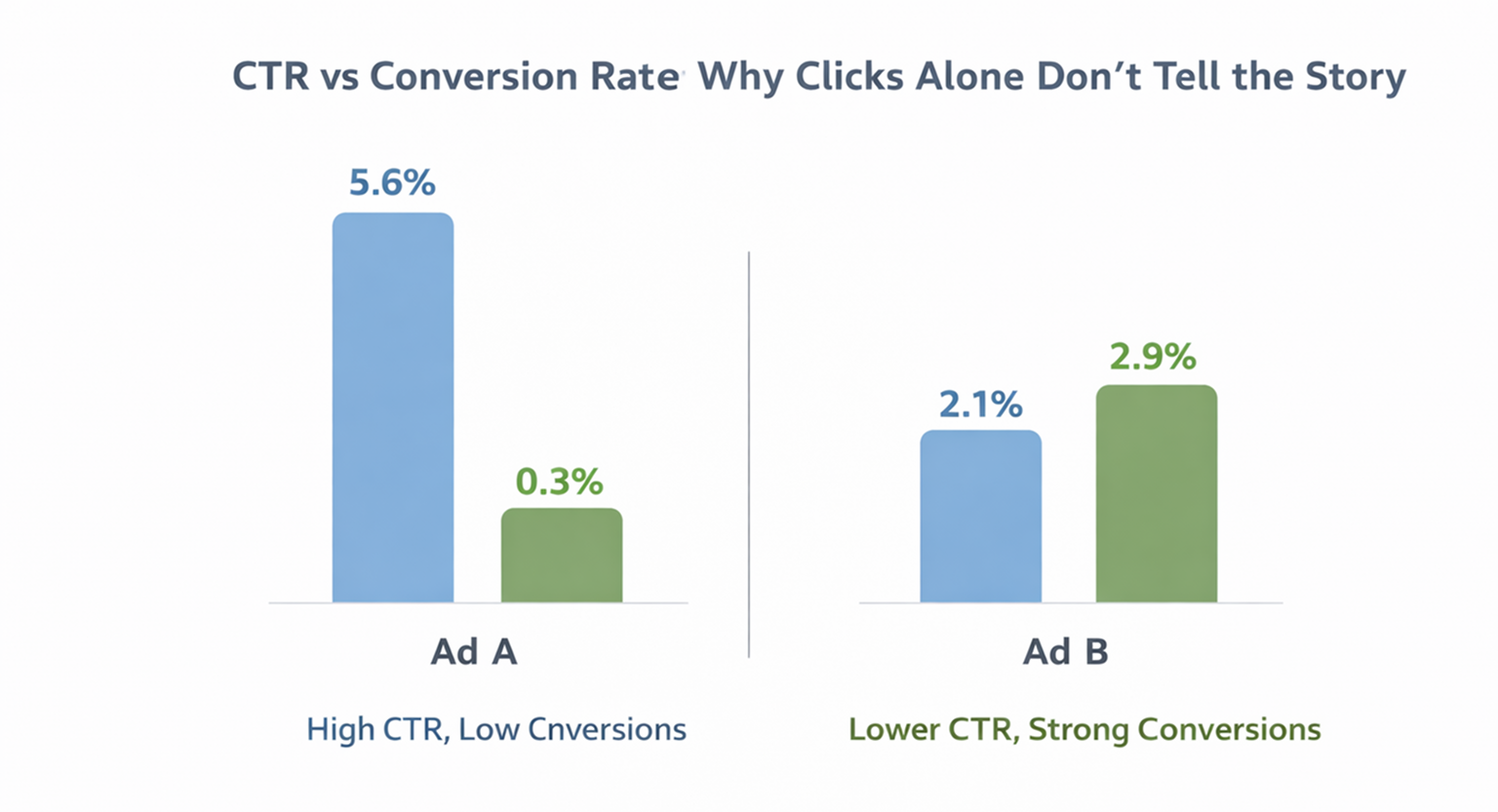 Bar chart comparing Ad A and Ad B to show high CTR with low conversion vs lower CTR with high conversion in Meta ads