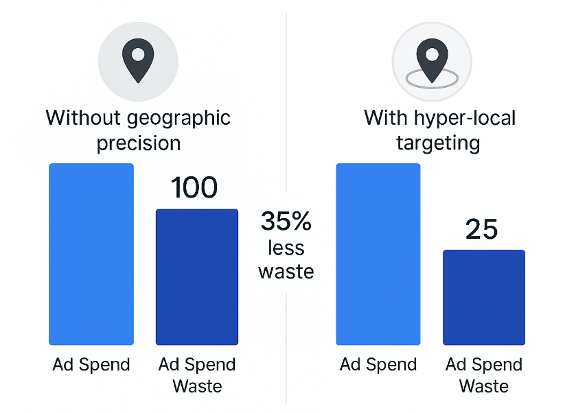 Infographic showing comparison of ad spend waste for service-business campaigns: standard targeting vs hyper-local targeting (35% less waste)