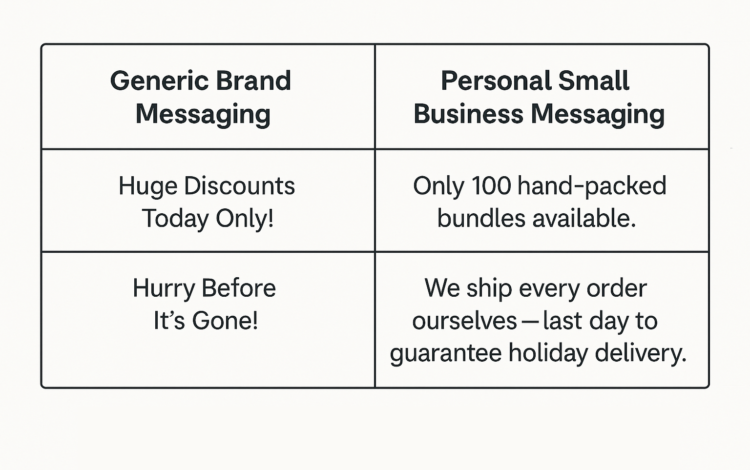 Table comparing mass-market Q4 ad phrases with more personal alternatives for small businesses