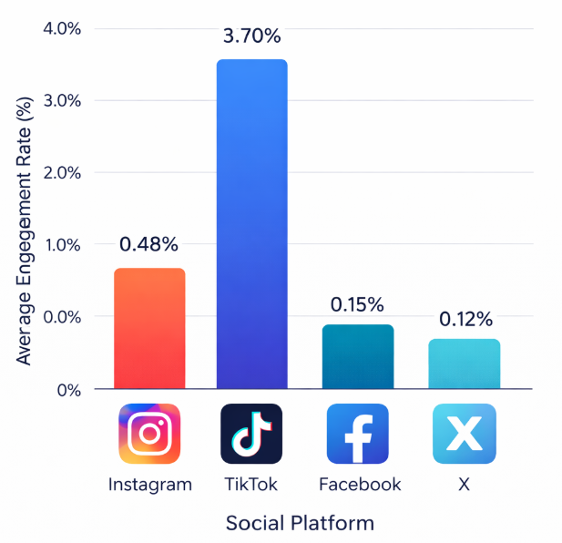 A bar chart showing average engagement rates: Instagram ~0.48%, TikTok ~3.70%, Facebook ~0.15%, X ~0.12%.