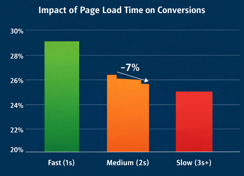 Bar chart showing conversion rates dropping with longer page load times (1s vs 2s vs 3s+)