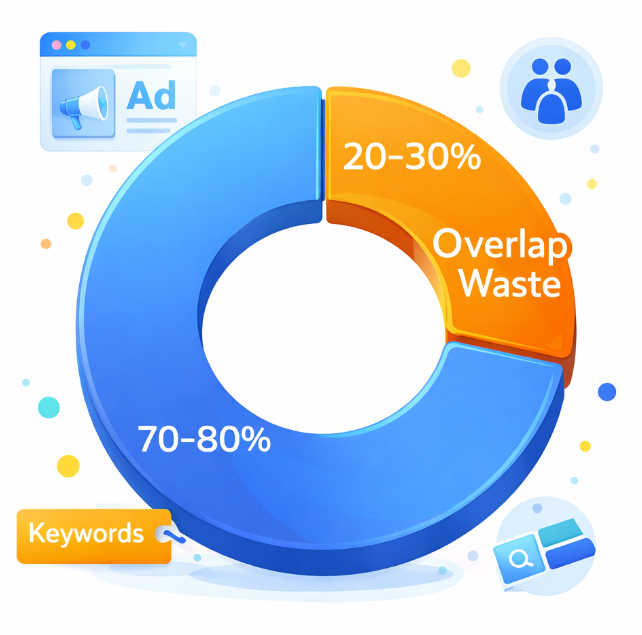Donut chart showing that 20&ndash;30 percent of advertising budget may be lost due to overlapping campaigns competing for the same traffic