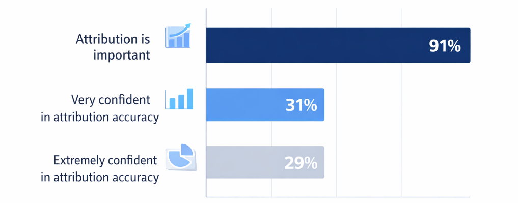 Bar chart showing that 91% of marketers consider attribution important, but only 31% are very confident in their attribution models and 29% are extremely confident
