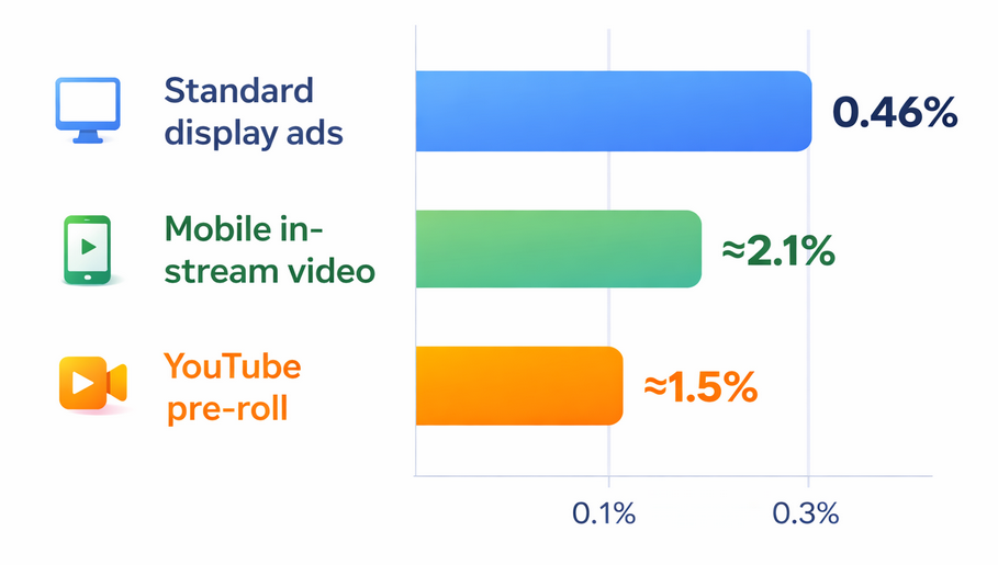Bar chart comparing average CTR: display ads ~0.46%, video in-stream ads ~2.1%, YouTube pre-roll ~1.5%