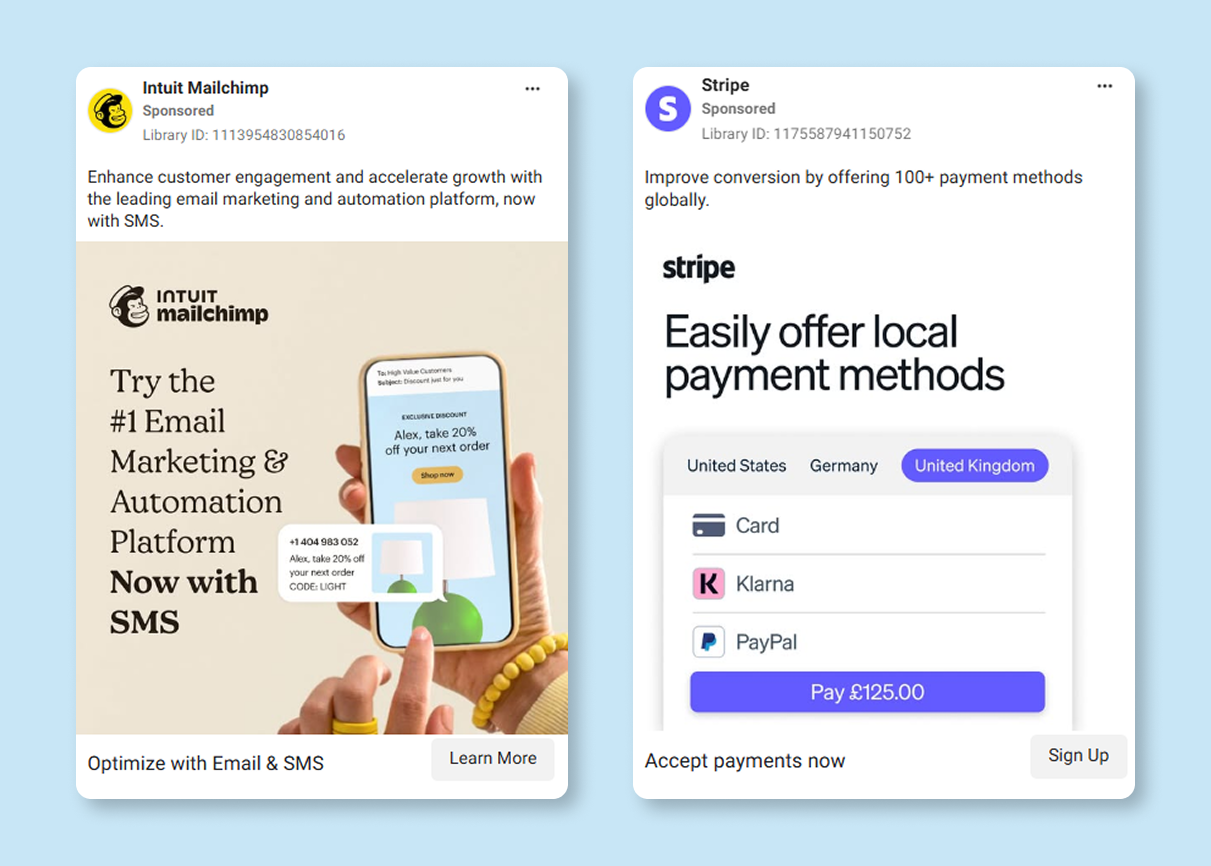 A screenshot of Mailchimp's and Stripe's Facebook ads