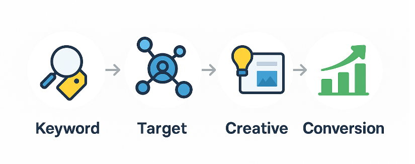 Infographic illustrating flow from keyword selection to audience targeting, to ad creative, to conversion