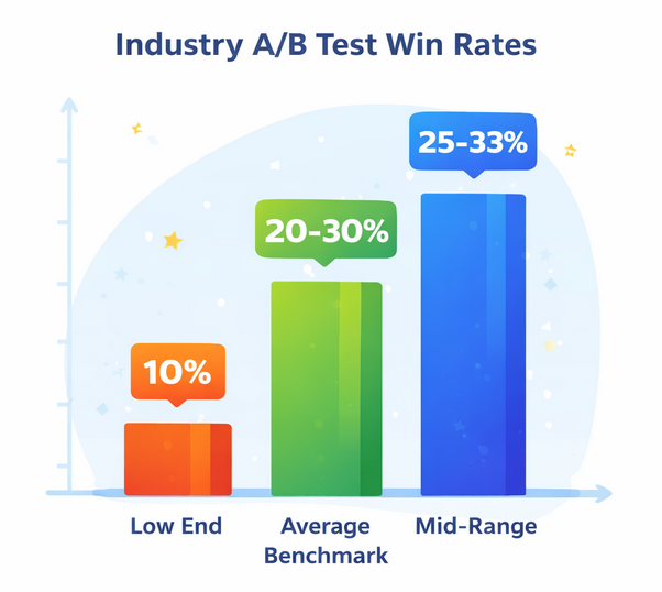 Bar chart showing industry A/B testing win rate range from approximately 10% to 33% of experiments achieving statistically significant positive results