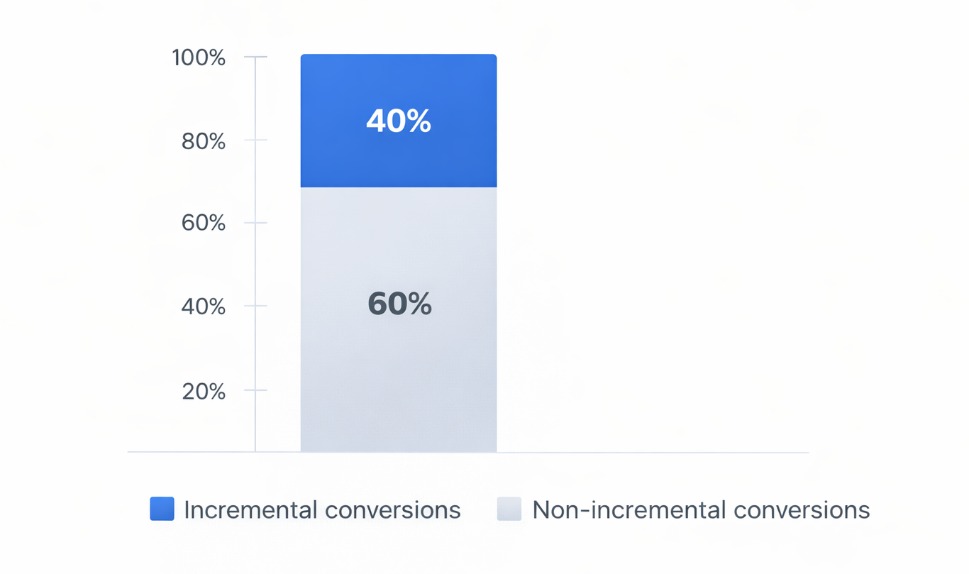 Stacked bar chart showing that about 60 percent of ad-attributed conversions may be non-incremental while only 40 percent represent true incremental lift
