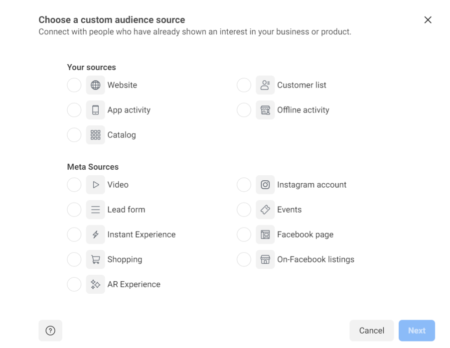 Data sources for creating Facebook custom audiences