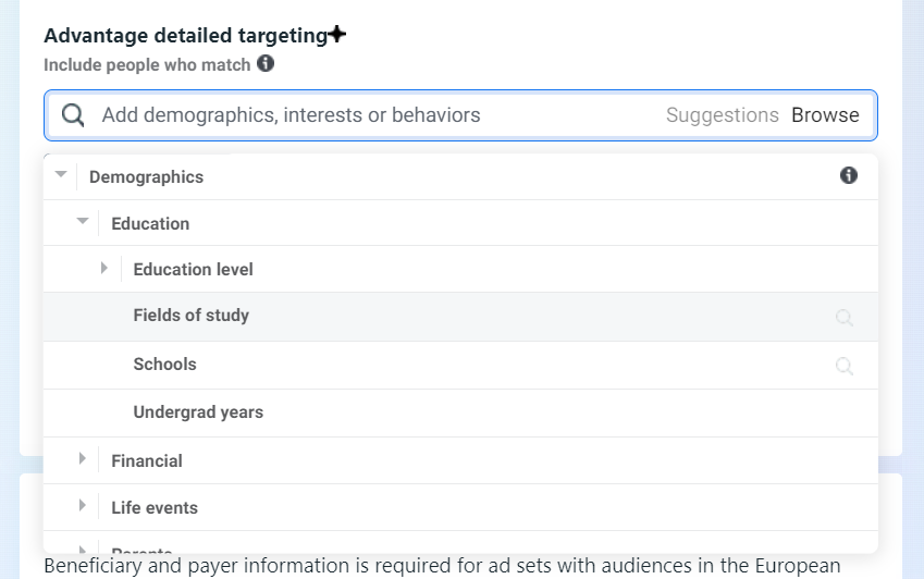 Advantage detailed targeting on Facebook