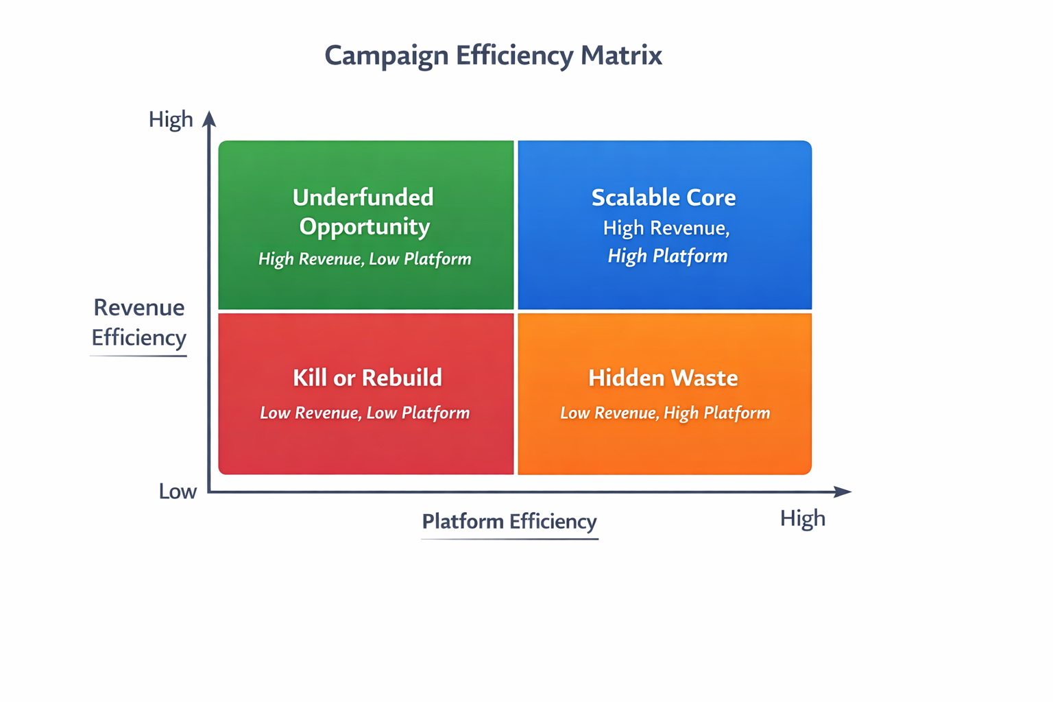 2x2 matrix comparing platform efficiency and revenue efficiency to identify scalable campaigns, hidden waste, underfunded opportunities, and campaigns to rebuild.