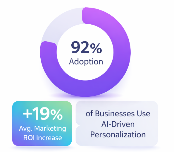 Donut chart showing 92% adoption of AI personalization and a highlighted metric of 19% ROI increase