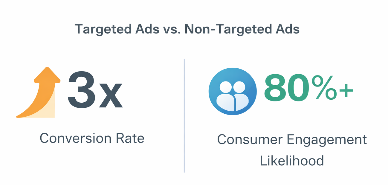 Comparison graphic showing that targeted ads have three times higher conversion rates and over 80% likelihood of engagement with personalized ads