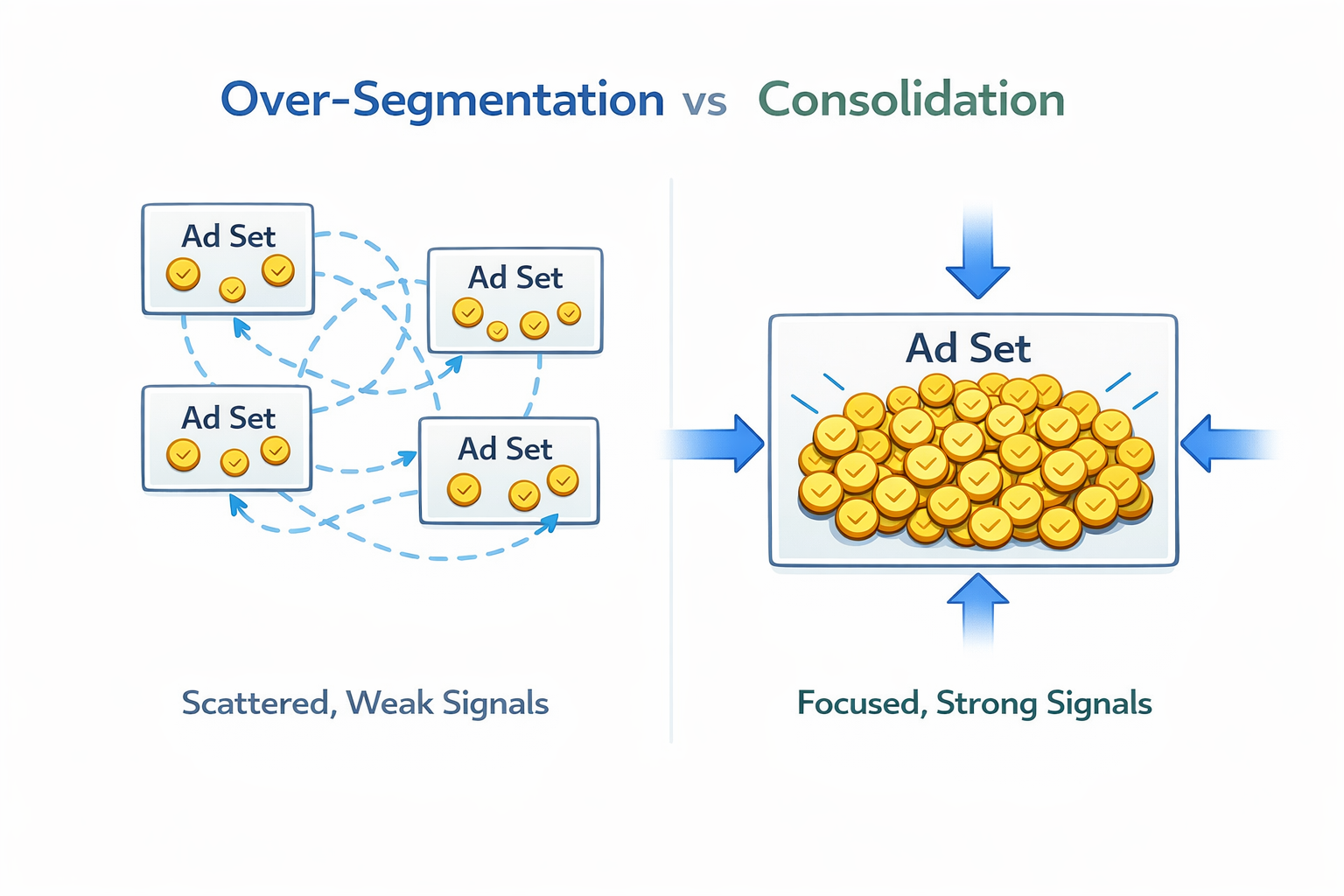 Over-segmentation vs consolidation diagram showing scattered weak signals versus dense, stable conversion signals