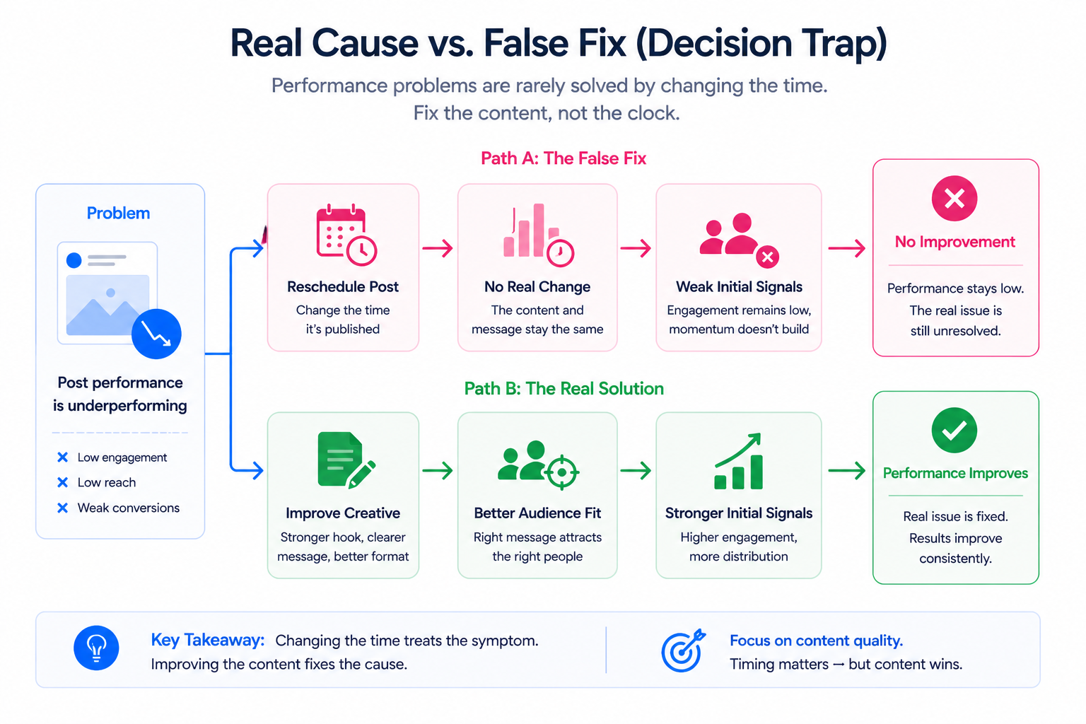 Flow diagram showing an underperforming post leading to two paths: rescheduling with no improvement and improving creative with better performance