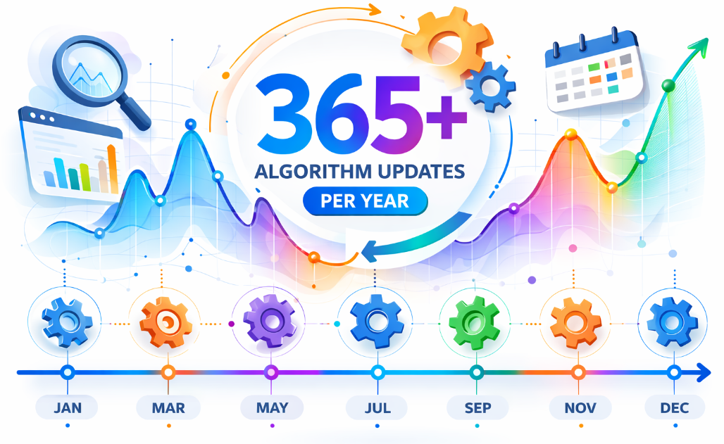 Infographic timeline illustrating that search engines update algorithms hundreds of times per year, causing frequent ranking volatility