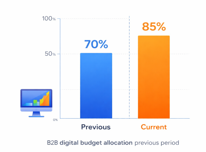 Bar chart comparing digital budget allocation percentages — 70% previously vs 85% currently for B2B marketers