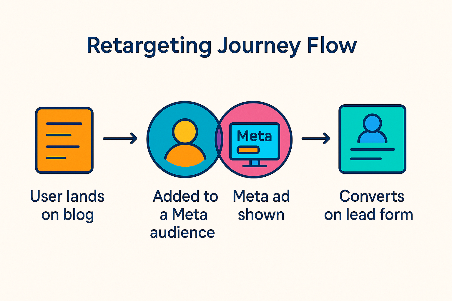 Colorful flowchart showing the retargeting journey from blog visit to Meta ad conversion.