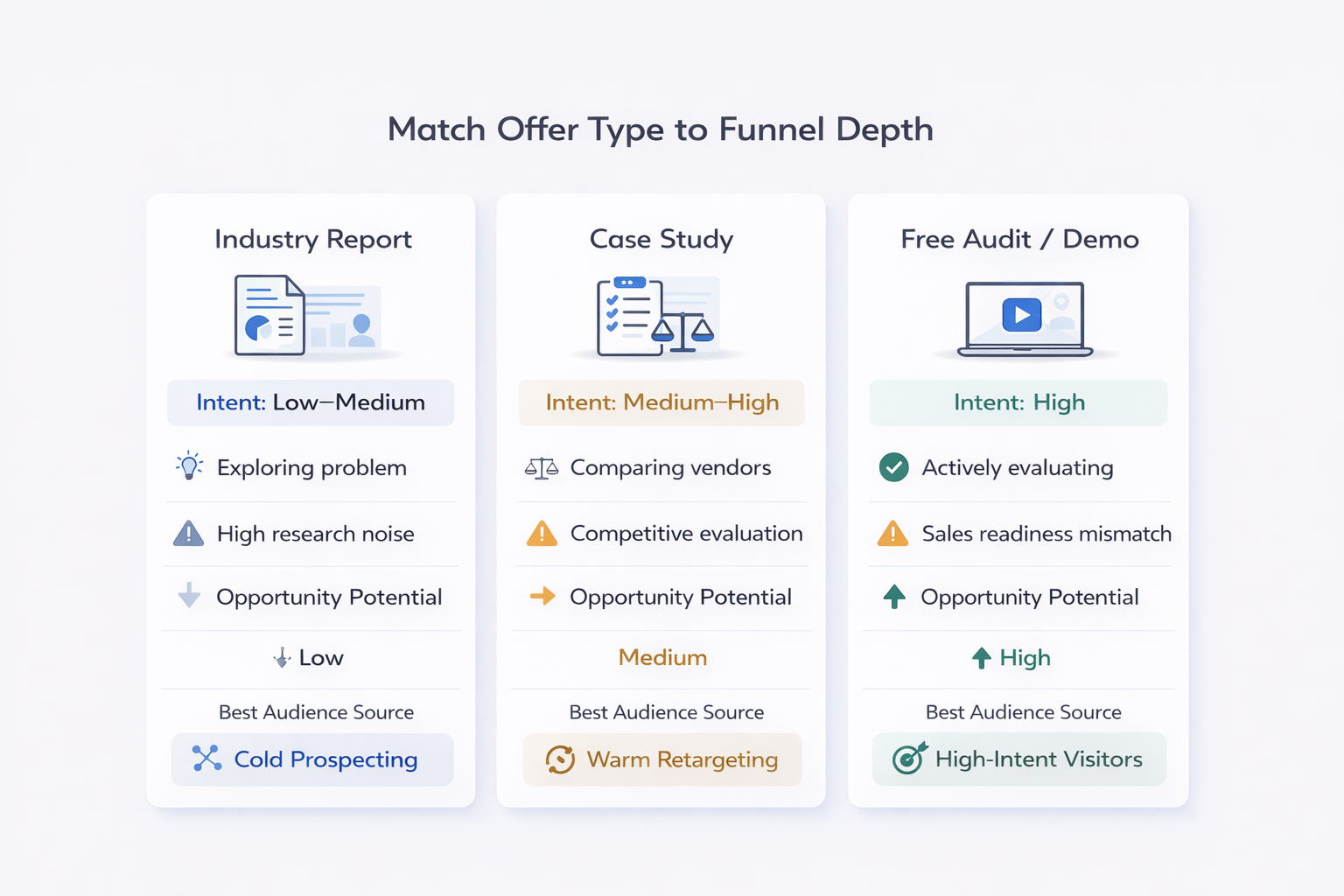 Intent alignment grid showing industry report, case study, and demo offers mapped to buyer intent and opportunity potential