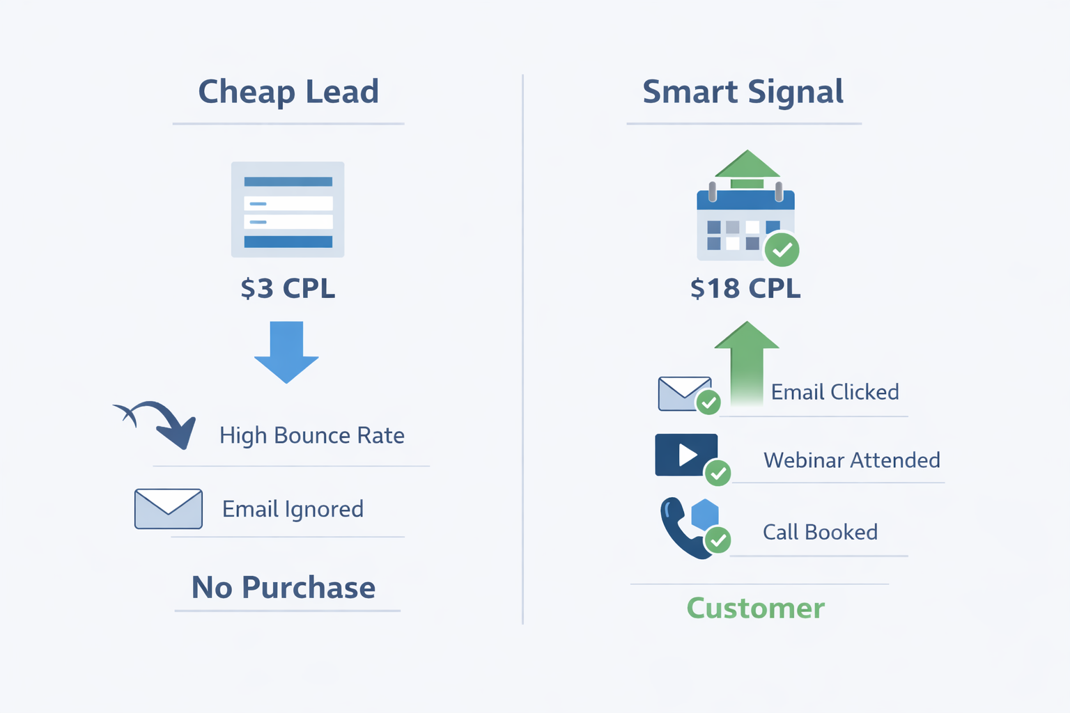 Infographic comparing cheap lead vs. smart signal, showing lower-cost leads with no engagement versus higher-cost leads that convert.