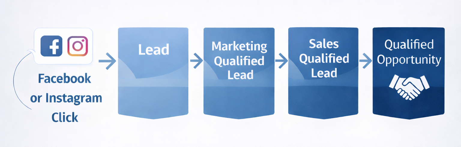 B2B lead qualification flowchart from Facebook or Instagram click to qualified opportunity, showing four key stages.