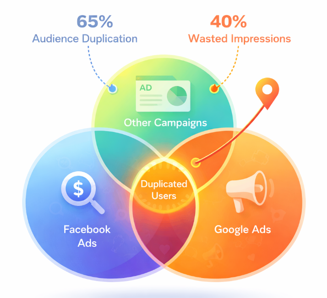 Venn diagram showing overlapping advertising audiences with highlighted shared segments representing duplicated users across campaigns