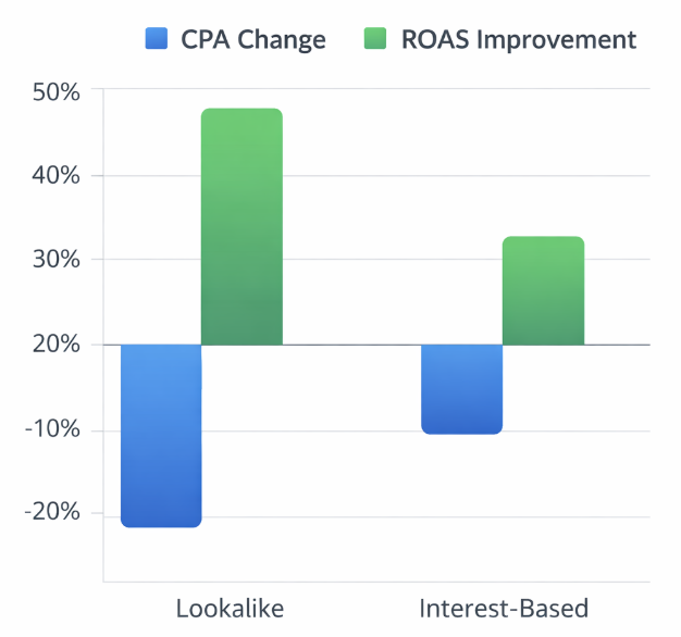 Bar chart comparing lookalike and interest-based Facebook audiences showing lookalikes yield 20&ndash;40% lower CPA and 15&ndash;35% higher ROAS