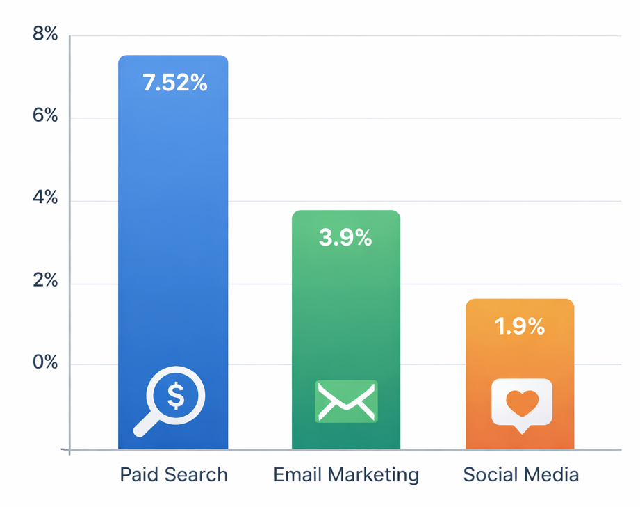 Bar chart showing average conversion rates: Paid Search 7.52%, Email Marketing 3.9%, Social Media 1.9%