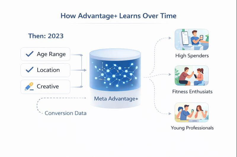 Infographic showing how Meta Advantage+ uses age, location, and creative inputs to optimize targeting through AI and conversion feedback.