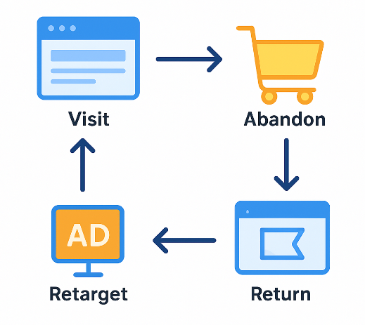 Diagram illustrating retargeting flow: website visit, cart abandonment, ad display, return and conversion