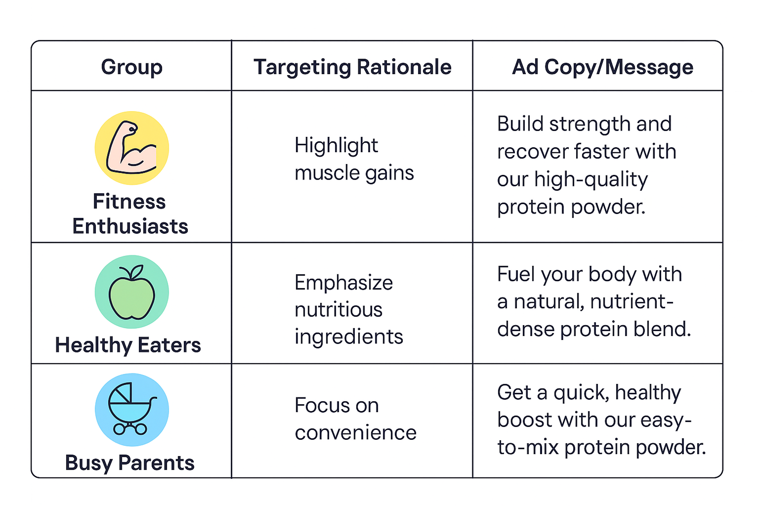 Alt text: Grid comparing three niche audiences for protein powder ads — Runners, Health Enthusiasts, and Bodybuilders — with icons, targeting rationales, and tailored ad copy for each group.