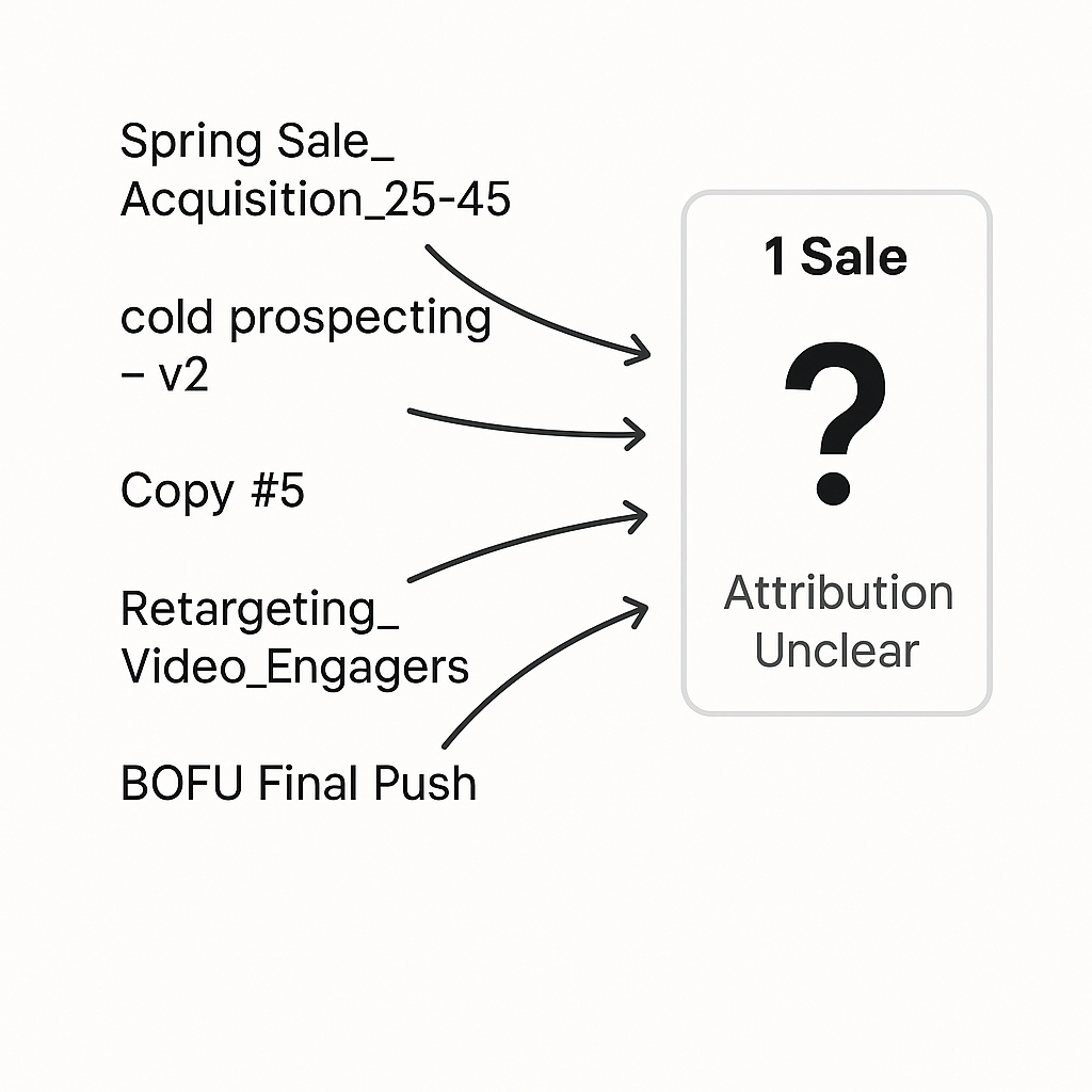 Diagram showing five inconsistently named campaigns pointing to one sale with unclear attribution and a question mark.