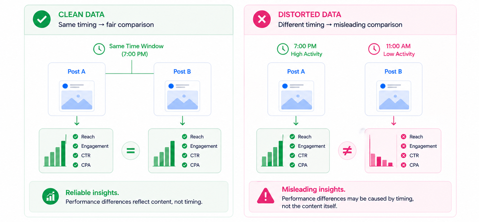 Side-by-side comparison showing clean data from consistent posting times versus distorted data from different timing conditions leading to misleading results