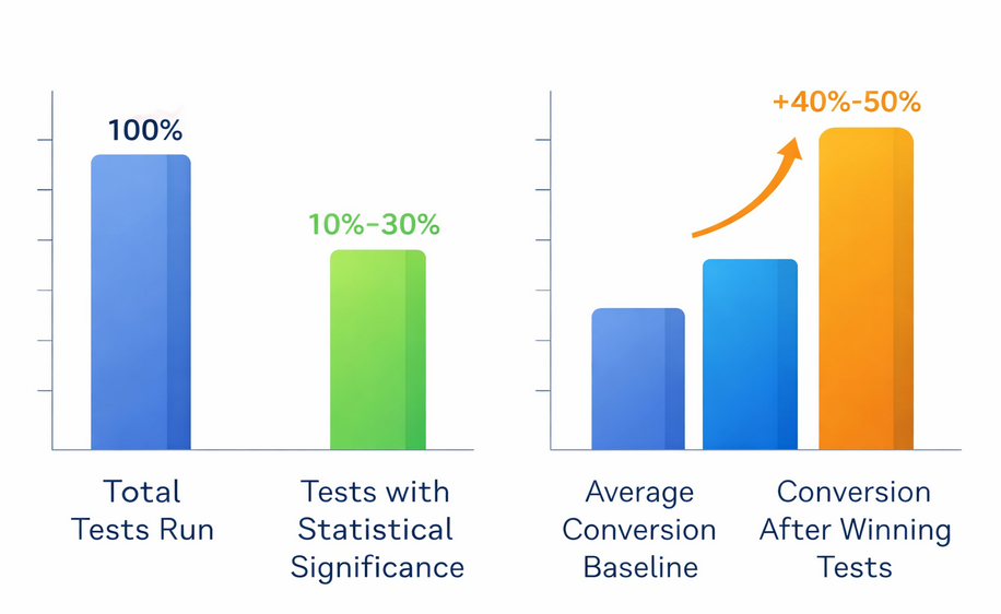 Bar chart showing 10&ndash;30% of A/B tests reach statistical significance and winning tests yield 40&ndash;50% higher conversion rates