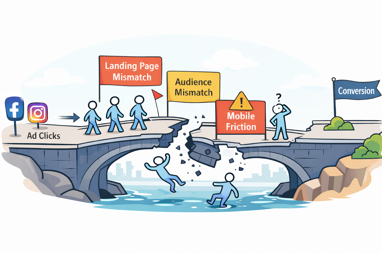 Illustration of ad traffic drop-off due to landing page, audience, and mobile friction issues