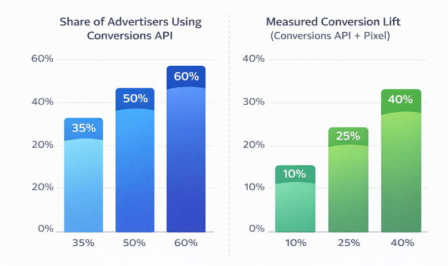 Bar chart showing that 35&ndash;60% of advertisers use Conversions API and that it can raise measured conversions by 10&ndash;40% compared to using only the pixel.