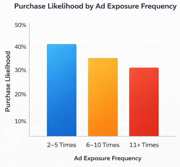 Bar chart showing decreasing likelihood of purchase for audiences exposed to ads 2&ndash;5 times, 6&ndash;10 times, and 11+ times
