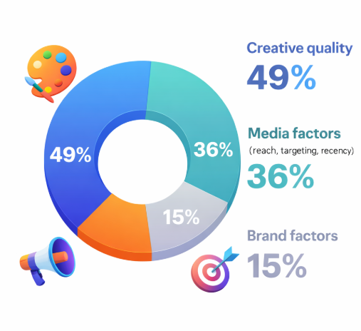 Donut chart showing drivers of advertising performance with creative quality at 49%, media factors at 36%, and brand factors at 15%