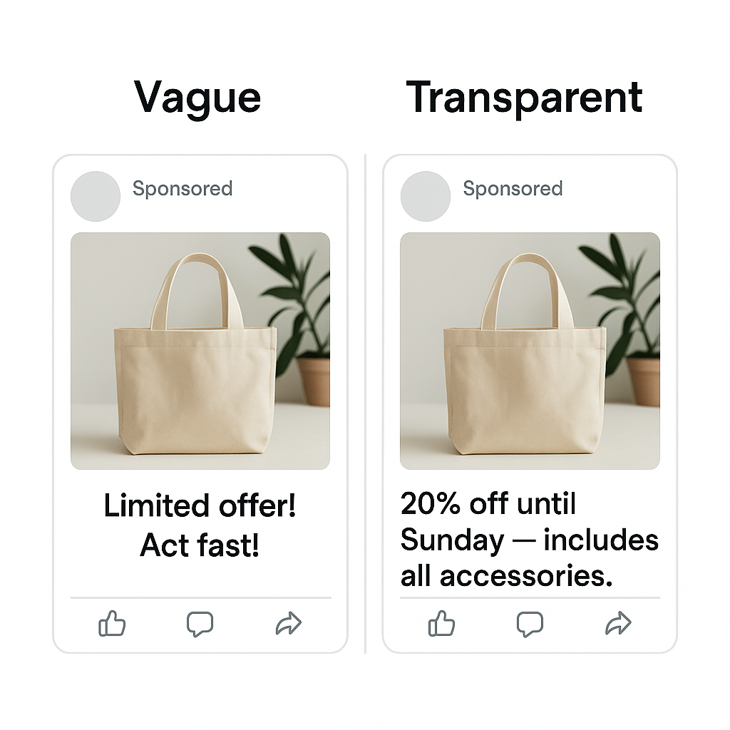 Side-by-side Facebook ad mockups comparing vague copy saying 'Limited offer! Act fast!' with transparent copy saying '20% off until Sunday — includes all accessories,' both featuring product images