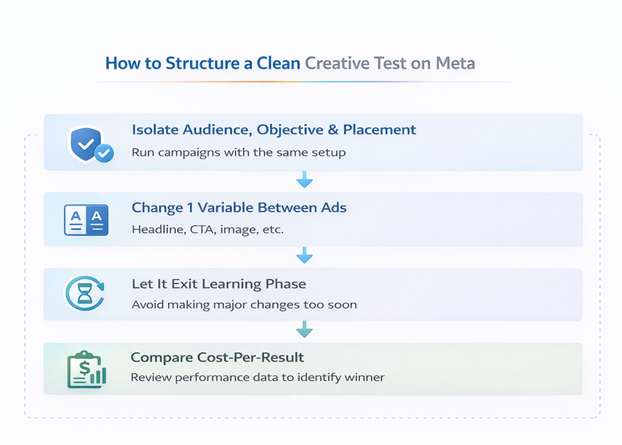 Flowchart showing how to structure a clean creative A/B test on Meta Ads by isolating variables and comparing results.