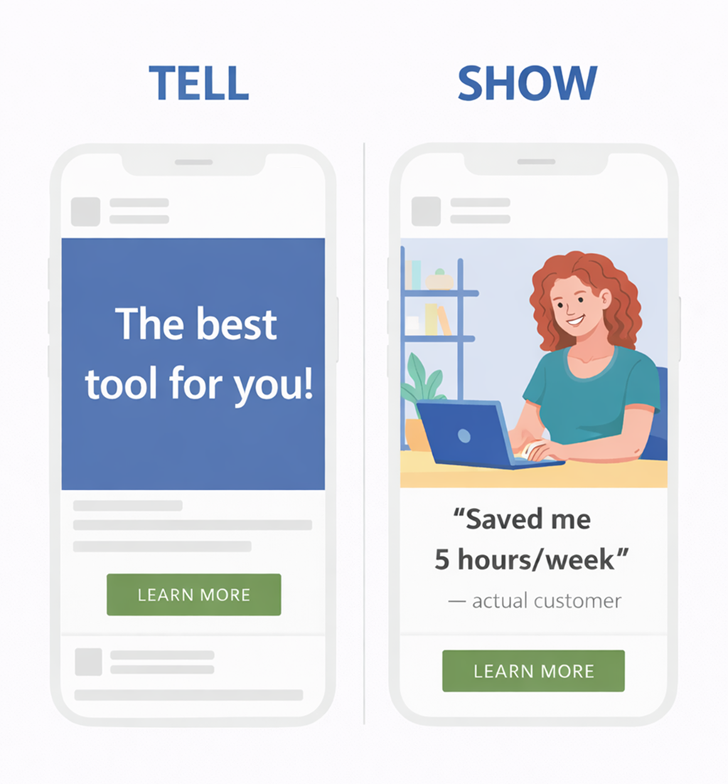 2D comparison of two ads &mdash; one with vague copy, one with a customer quote &mdash; showing tell vs show.