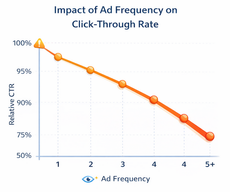 Line chart showing click-through rate decreasing as advertising frequency increases from one exposure to more than five impressions