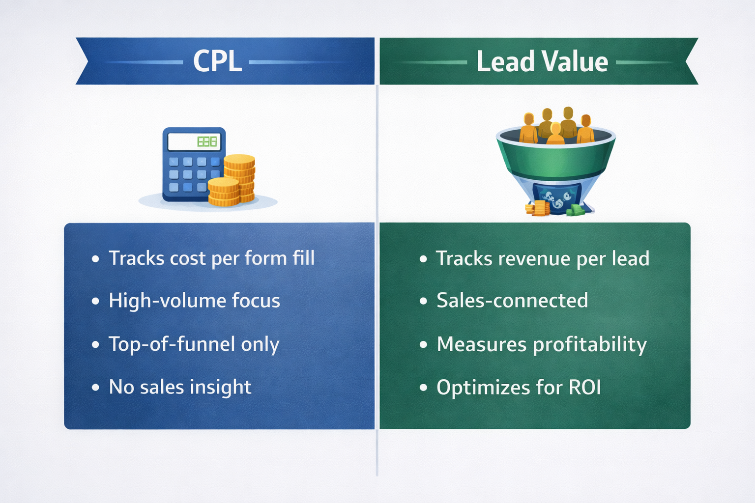 Infographic comparing CPL and Lead Value, highlighting differences in focus, tracking depth, and connection to revenue.