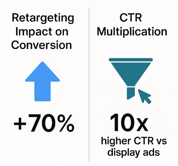 Infographic showing: retargeted users +70% conversion likelihood; retargeting ads 10× higher CTR than typical display ads