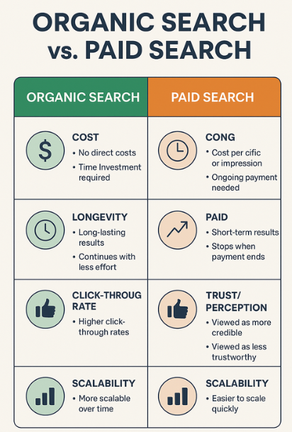 Infographic comparing organic search marketing with paid search advertising across key metrics like cost, longevity, and click-through rate