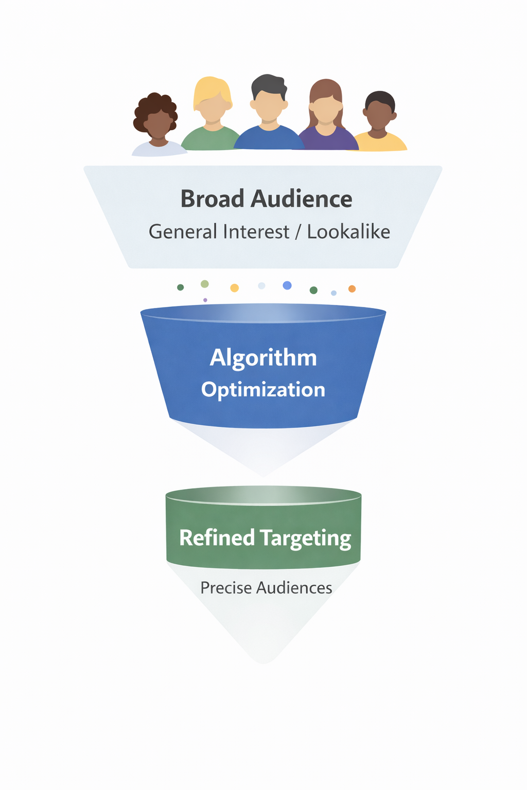 Funnel diagram showing progression from Broad Audience to Refined Targeting through algorithm optimization.