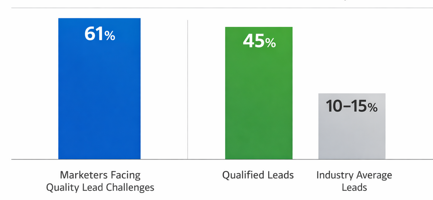 Bar chart showing 61% of marketers challenged by lead quality, with quality leads converting at up to 45% compared to 10&ndash;15% industry average
