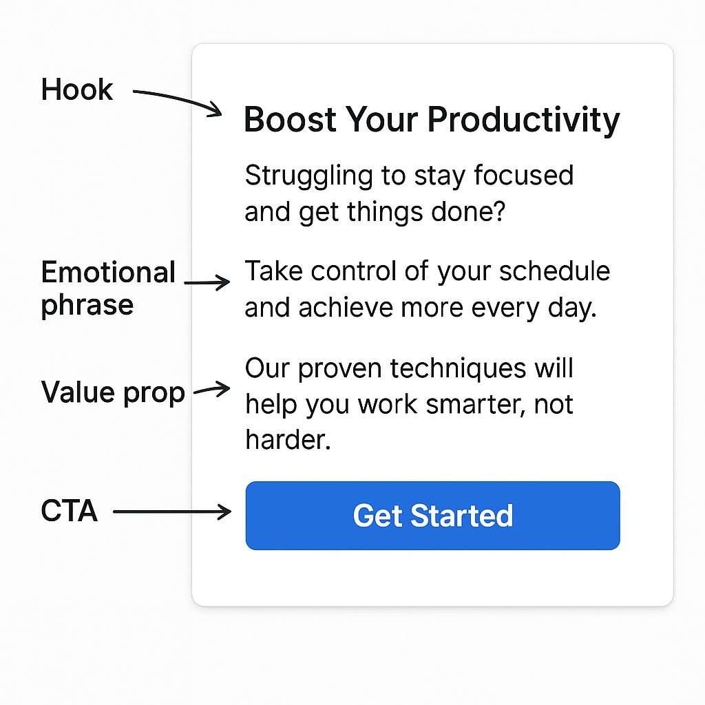 Mockup of a digital ad labeled with arrows identifying the headline, emotional phrase, hook, value proposition, and call-to-action.