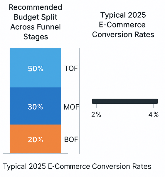 Chart comparing a 3-stage funnel budget allocation (approx. 50 % awareness, 30 % consideration, 20 % conversion) with e-commerce benchmark conversion rates of 2%–4%